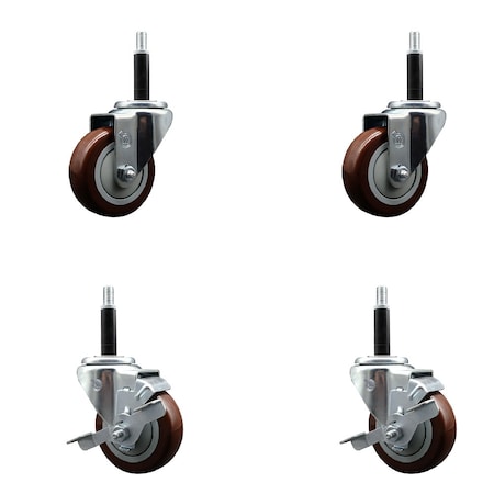 Service Caster 3.5'' SS Maroon Poly Wheel Swivel 3/4'' Expanding Stem Caster Set 2 Brakes, 4PK SCC-SSEX20S3514-PPUB-MRN-2-TLB-2-34